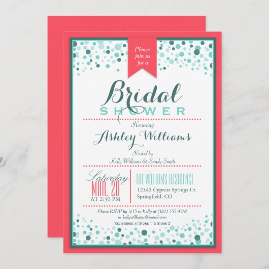 Elegant Coral Pink; Aqua Confetti Vrijgezellenfees Kaart (Voorkant / Achterkant)