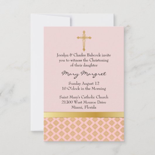 Elegant Coral Pink Baby Christening Uitnodiging (Voorkant)