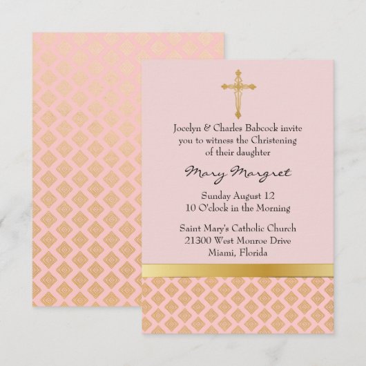 Elegant Coral Pink Baby Christening Uitnodiging (Voorkant / Achterkant)