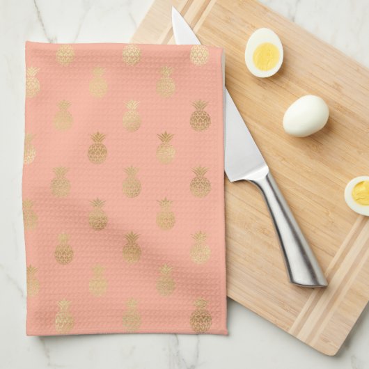 Elegant Coral Pink en Gold Pineapple Pattern Theedoek (Quarter Fold)