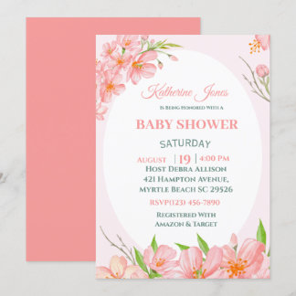 Elegant Coral Pink Floral Baby shower Kaart