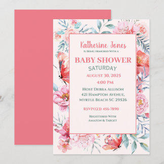Elegant Coral Pink Floral Baby shower Kaart
