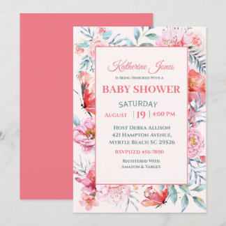 Elegant Coral Pink Floral Baby shower Kaart
