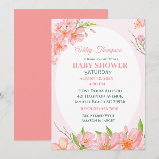 Elegant Coral Pink Floral Baby shower Kaart (Voorkant / Achterkant)