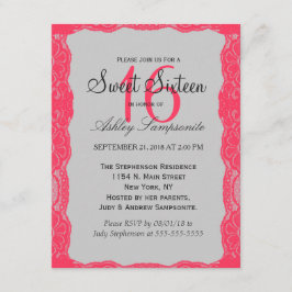 Elegant Coral Pink Lace Border & Slate Grey Kaart