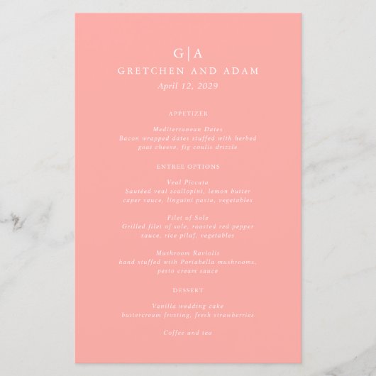 Elegant Coral Pink Modern Wedding Menu (Voorkant)