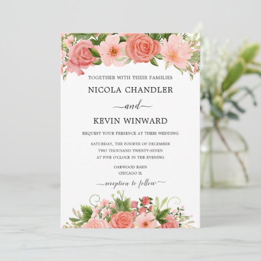 Elegant Coral Roses Floral Wedding Kaart (Staand voorkant)