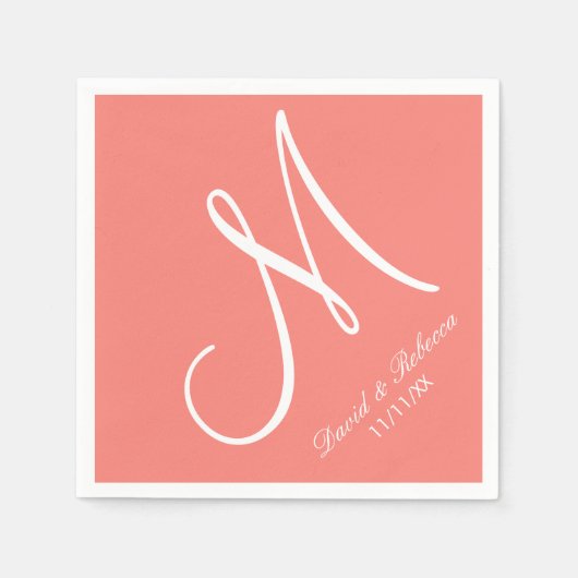 Elegant Coral Roze en Wit Monogram Servetten (Voorkant)