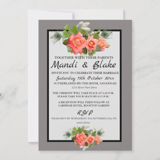 Elegant Coral Rozen & Gray Wedding Invitation Kaart (Voorkant)