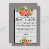 Elegant Coral Rozen & Gray Wedding Invitation Kaart (Voorkant / Achterkant)