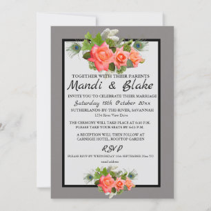 Elegant Coral Rozen & Gray Wedding Invitation Kaart