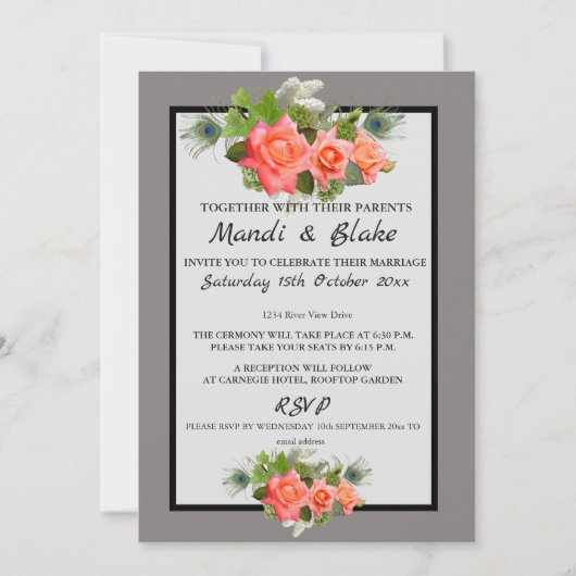Elegant Coral Rozen & Gray Wedding Invitation Kaart (Voorkant)