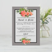 Elegant Coral Rozen & Gray Wedding Invitation Kaart (Staand voorkant)