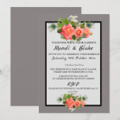 Elegant Coral Rozen & Gray Wedding Invitation Kaart (Voorkant / Achterkant)