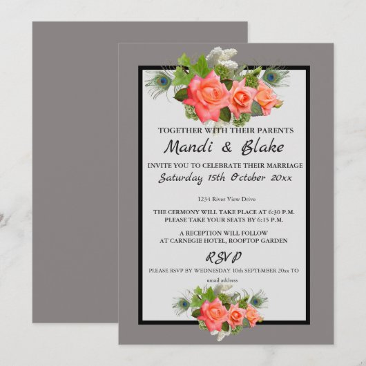 Elegant Coral Rozen & Gray Wedding Invitation Kaart (Voorkant / Achterkant)