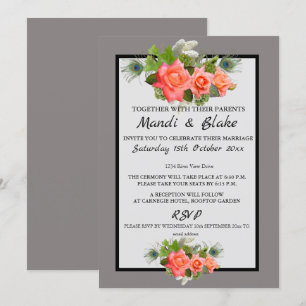 Elegant Coral Rozen & Gray Wedding Invitation Kaart
