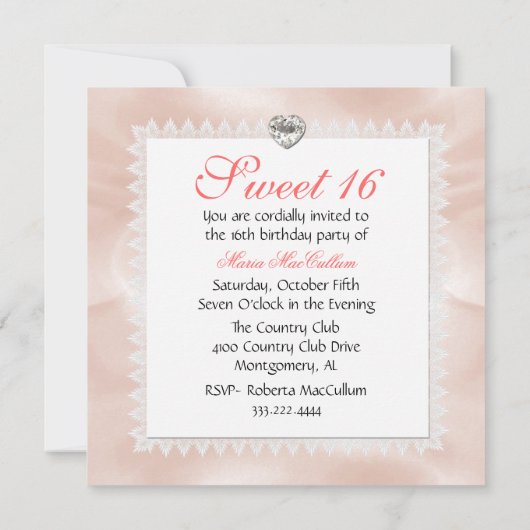 Elegant Coral Satin Let op 16 Birthday Party Kaart (Achterkant)