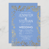 Elegant Cornflower Blue Gold Floral Wedding Kaart (Voorkant / Achterkant)