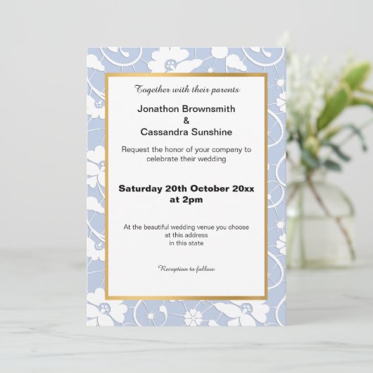 ELEGANT  CORNFLOWER BLUE LACE WEDING KAART (Staand voorkant)