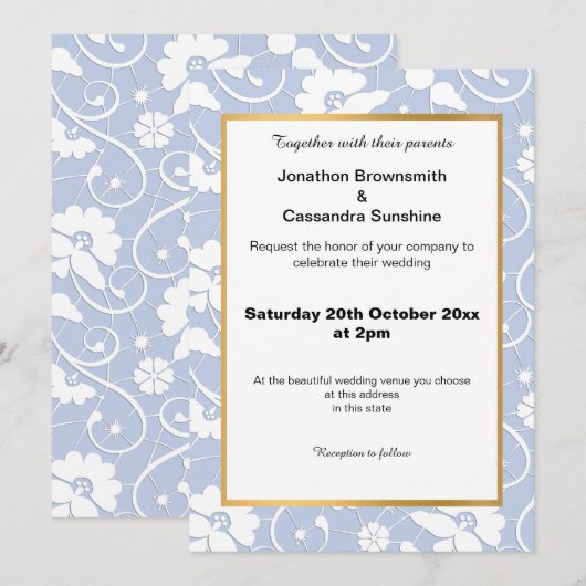 ELEGANT  CORNFLOWER BLUE LACE WEDING KAART (Voorkant / Achterkant)