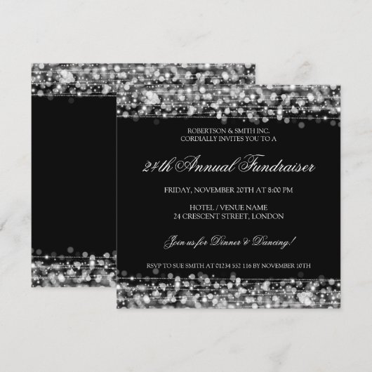 Elegant Corporate Fundraiser Party Sparkles Silver Kaart (Voorkant / Achterkant)