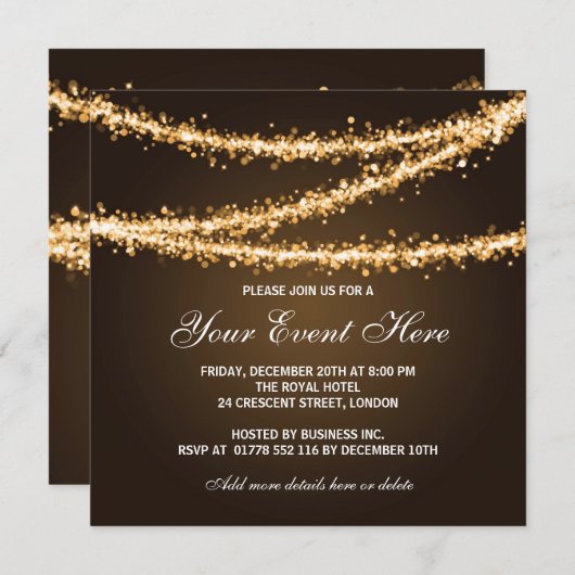 Elegant Corporate Party Gold String Lights Kaart (Voorkant / Achterkant)