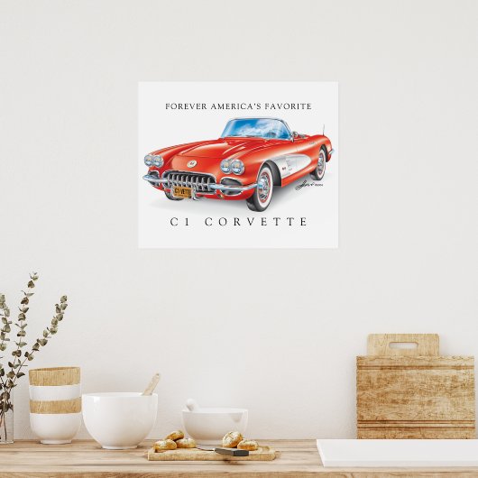 Elegant Corvette C1 Ilustratie Rood Poster (Keuken)