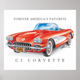Elegant Corvette C1 Ilustratie Rood Poster