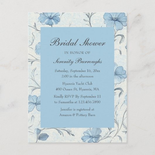Elegant Country Dusty Blue Floral Bridal Shower Uitnodiging Briefkaart (Voorkant)