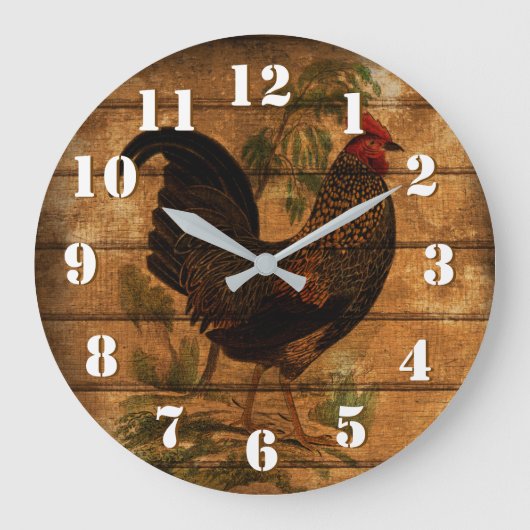 Elegant Country Rooster op Rustisch hout Grote Klok (Voorkant)