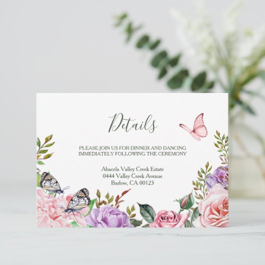 Elegant Country Spring Butterfly Floral Wedding Informatiekaartje (Staand voorkant)
