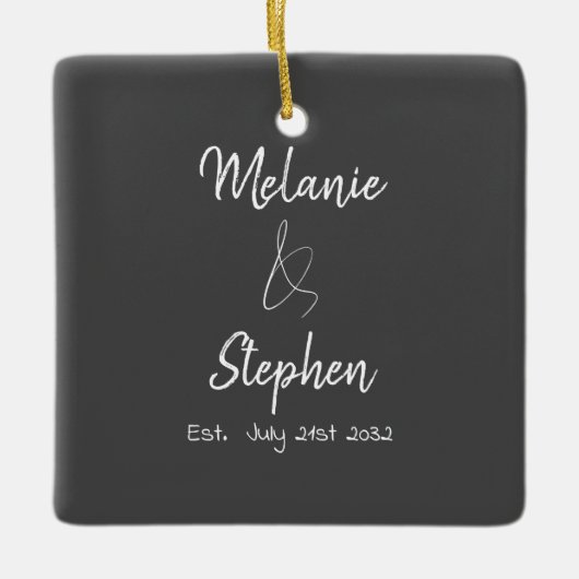 Elegant Couple Names Date Script Gray Keramisch Ornament (Voorkant)