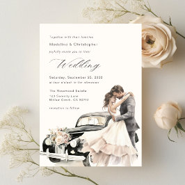 Elegant Couple Vintage Wedding Car Invitation Kaart