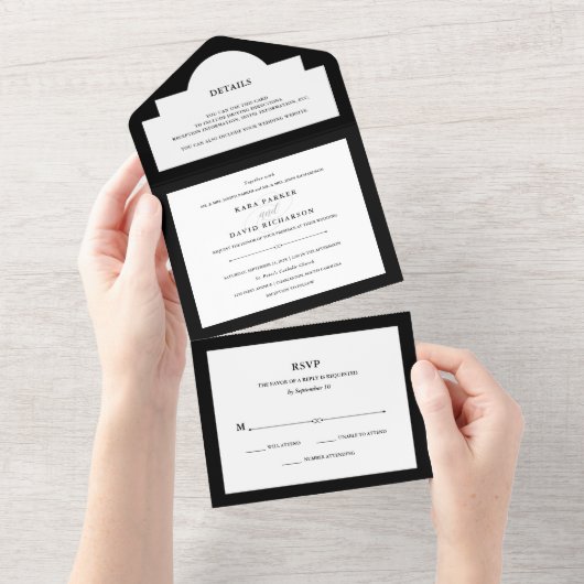 Elegant Couture | Zwarte en witte bruiloft All In One Uitnodiging (Afscheurbaar)