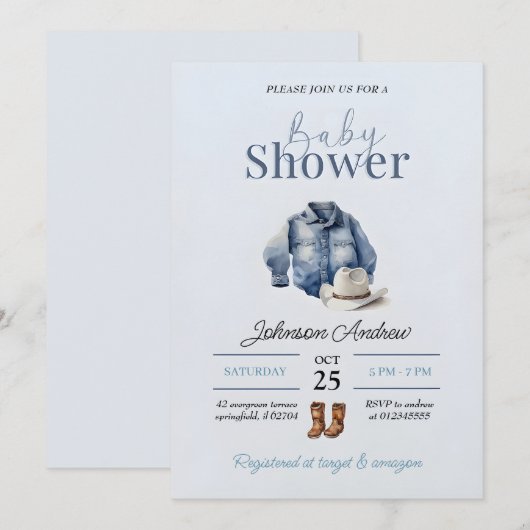 Elegant Cowboy Baby shower uitnodiging (Voorkant / Achterkant)