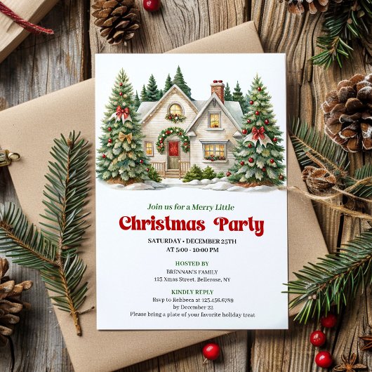 Elegant Cozy Christmas house invitation watercolor Kaart