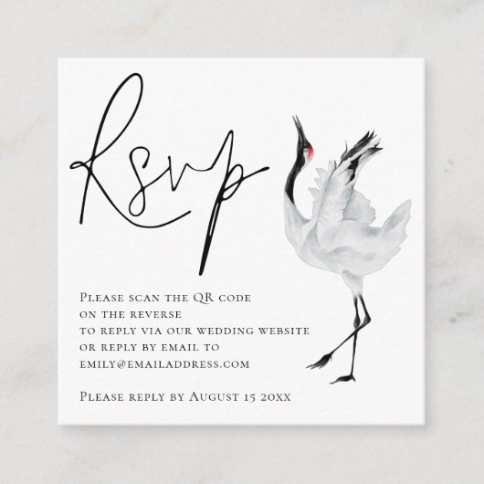 Elegant Crane Bird Script QR Code Weddenschap RSVP Informatiekaartje (Voorkant)