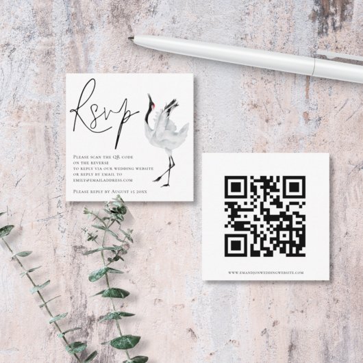 Elegant Crane Bird Script QR Code Weddenschap RSVP Informatiekaartje