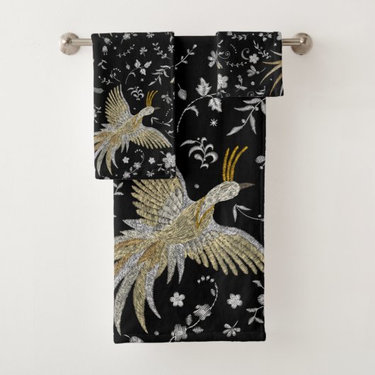 Elegant Crane Birds Seamless Pattern Black Bad Handdoek (Insitu)