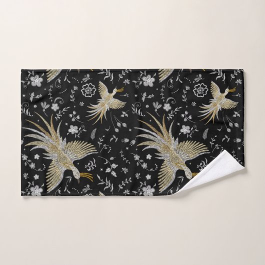 Elegant Crane Birds Seamless Pattern Black Bad Handdoek (Handdoek)