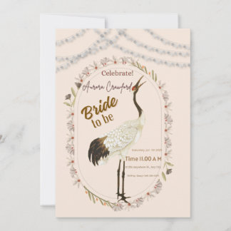 Elegant Crane Floral Border Bridal Shower Invitati Kaart