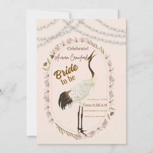 Elegant Crane Floral Border Bridal Shower Invitati Kaart (Voorkant)