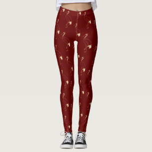 Elegant Crane Maroon Gold Japanse Line Art Leggings