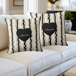 Elegant Cream and Black Stripes Heart Custom Name Kussen