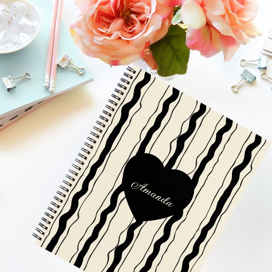 Elegant Cream and Black Stripes Heart Custom Name Planner