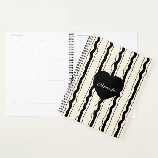 Elegant Cream and Black Stripes Heart Custom Name Planner (Display)