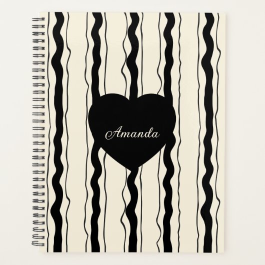 Elegant Cream and Black Stripes Heart Custom Name Planner (Voorkant)