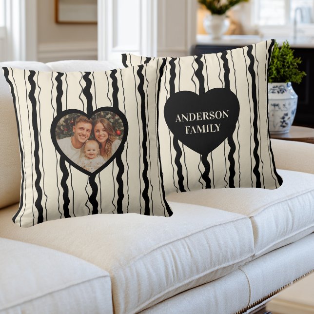 Elegant Cream and Black Stripes Heart Custom Photo Kussen (Creator heeft geüpload)