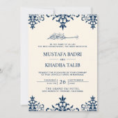 Elegant Cream and Navy Blue Damask Islamic Wedding Kaart (Voorkant)