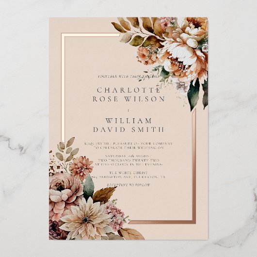 Elegant Cream Autumn Waterverf Flowers Bruiloft Folie Uitnodiging (Voorkant)